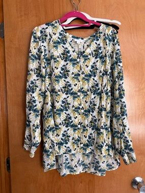J. Jill Cream Blouse with Teal and Mustard Floral Print